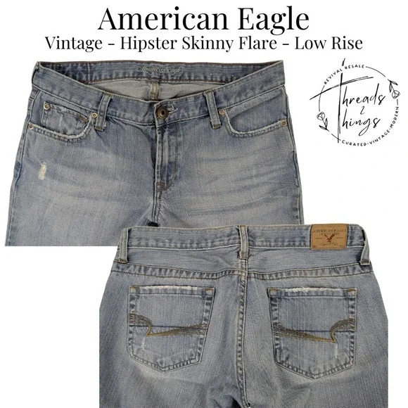 VTG American Eagle Hipster Skinny Flare Jeans Womens 8 Denim Low-Rise Preppy y2k - Picture 3 of 12